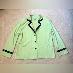 Exclusively Misook sage green lightweight knit jacket with polka dot trim, sz L